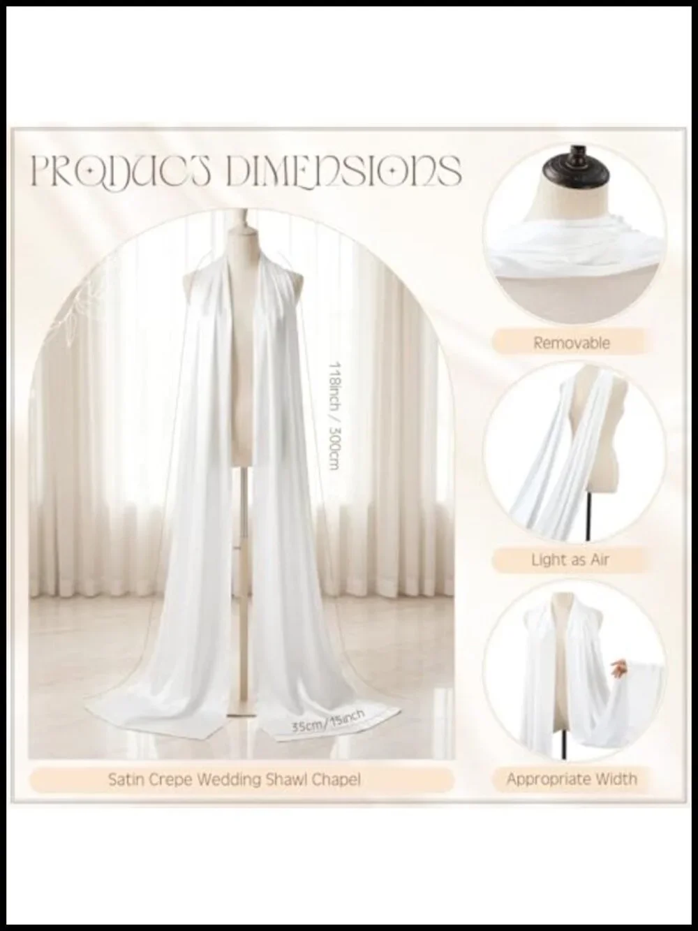 Ivory Satin Tulle Bridal Neck Scarf Detachable Flowing Shawl Necklace Wrap